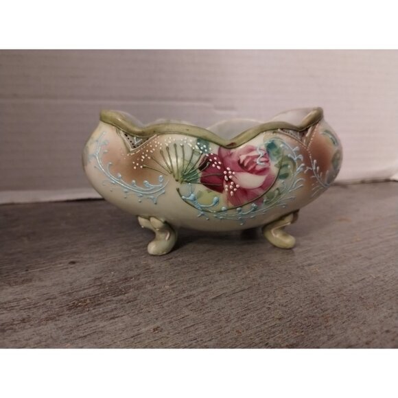 Antique Moriage Noritake Hand-Painted Footed Porcelain Bowl With Floral Design & - Picture 2 of 9